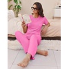 Ekouaer Womens Ribbed Knit Lounge Set Short Sleeve Top and Long Pants Soft Pajama Set 2 Piece Sleepwear with Pockets(Hot Pink)