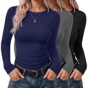 Ekouaer 3 Pack Womens Long Sleeve Raglan Shirts Slim Fit Thermal Tops(Black/Navy/Dark Grey)