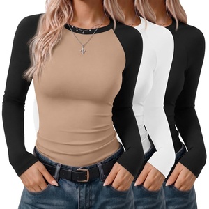 Ekouaer 3 Pack Womens Long Sleeve Raglan Shirts Slim Fit Thermal Tops(Black/White/Black Khaki Combo)