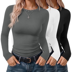 Ekouaer 3 Pack Womens Long Sleeve Raglan Shirts Slim Fit Thermal Tops(Black/White/Dark Grey)