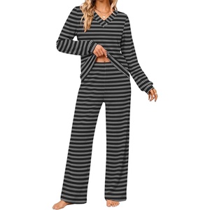 Ekouaer Lounge Sets for Women Long Sleeve 2 Piece Pajamas Set with Pockets(Black White Stripe)