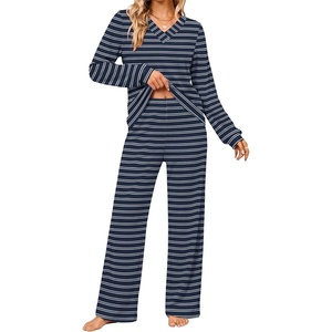 Ekouaer Lounge Sets for Women Long Sleeve 2 Piece Pajamas Set with Pockets(Navy White Stripe)