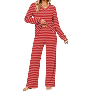 Ekouaer Lounge Sets for Women Long Sleeve 2 Piece Pajamas Set with Pockets(Red White Stripe)