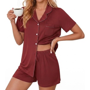 Ekouaer Pajamas for Women Set Button Down Short Sleeve Sleepwear 2 Piece pj(Burgundy)