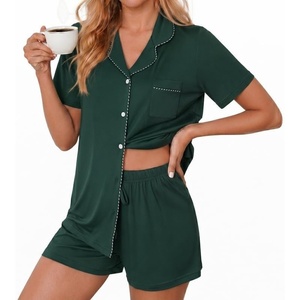 Ekouaer Pajamas for Women Set Button Down Short Sleeve Sleepwear 2 Piece pj(Dark Green)