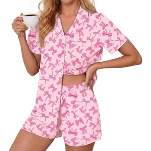 Ekouaer Pajamas for Women Set Button Down Short Sleeve Sleepwear 2 Piece pj(Pink Bow)