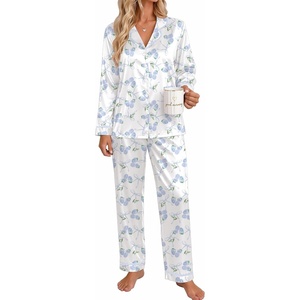 Ekouaer Satin Pajamas for Women Set 2 Piece Silk Pjs Long Sleeve Lounge Set(Blue Floral Bows)