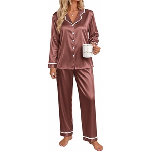Ekouaer Satin Pajamas for Women Set 2 Piece Silk Pjs Long Sleeve Lounge Set(Brown)