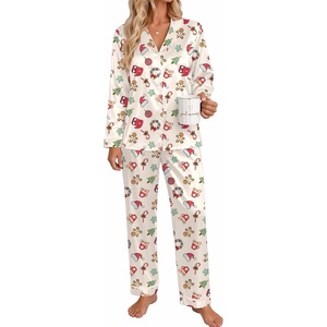 Ekouaer Satin Pajamas for Women Set 2 Piece Silk Pjs Long Sleeve Lounge Set(Cream Christmas Pattern)