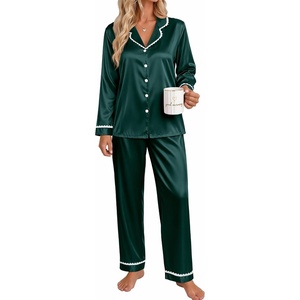 Ekouaer Satin Pajamas for Women Set 2 Piece Silk Pjs Long Sleeve Lounge Set(Green)