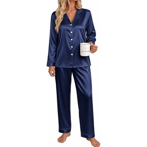 Ekouaer Satin Pajamas for Women Set 2 Piece Silk Pjs Long Sleeve Lounge Set(Navy Blue)