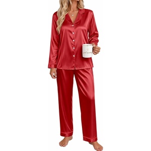Ekouaer Satin Pajamas for Women Set 2 Piece Silk Pjs Long Sleeve Lounge Set(Red)