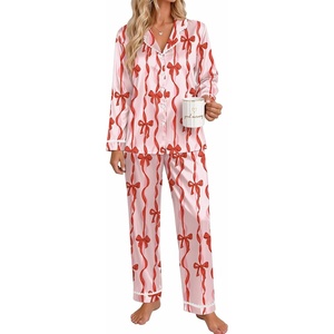 Ekouaer Satin Pajamas for Women Set 2 Piece Silk Pjs Long Sleeve Lounge Set(Red Bow Streamers)
