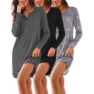 Ekouaer Women’s 3 Pack Cotton Nightgowns Long Sleeve Sleep Shirts Sleepwear(Black grey cup)