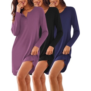 Ekouaer Women’s 3 Pack Cotton Nightgowns Long Sleeve Sleep Shirts Sleepwear(Black navy Blue purple)