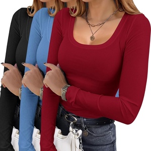 Ekouaer Womens 3 Pack Long Sleeve Shirts Square Neck Thermal Undershirts(Black/Blue/Burgundy)