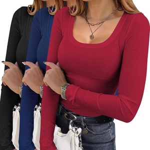Ekouaer Womens 3 Pack Long Sleeve Shirts Square Neck Thermal Undershirts(Black/Navy/Red)