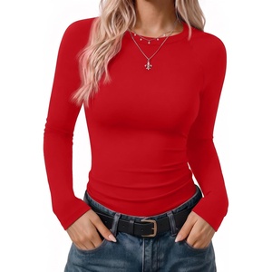 Ekouaer Womens Long Sleeve Color Block Raglan Shirts Fitted Thermal Tops(Red)