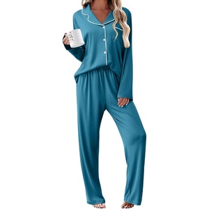 Ekouaer Womens Pajama Sets 2 Piece Long Sleeve Sleepwear Soft Button Up Pjs(Blue Green)