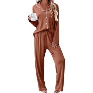 Ekouaer Womens Pajama Sets 2 Piece Long Sleeve Sleepwear Soft Button Up Pjs(Brown)