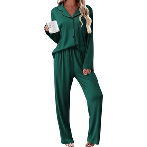Ekouaer Womens Pajama Sets 2 Piece Long Sleeve Sleepwear Soft Button Up Pjs(Dark Green)
