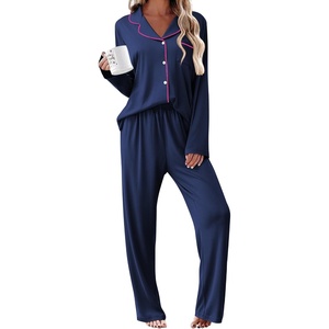Ekouaer Womens Pajama Sets 2 Piece Long Sleeve Sleepwear Soft Button Up Pjs(Navy Blue)