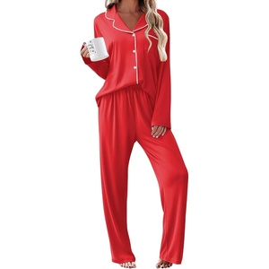 Ekouaer Womens Pajama Sets 2 Piece Long Sleeve Sleepwear Soft Button Up Pjs(Red)