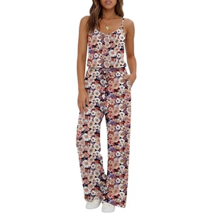 Ekouaer Womens Summer Jumpsuits Dressy V Neck Long Rompers Casual Jumper(Black Floral)