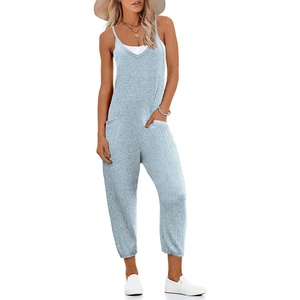 Jumpsuits for Women Summer V Neck Casual Overall Sleeveless with Pockets(Blue)