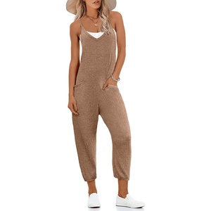 Jumpsuits for Women Summer V Neck Casual Overall Sleeveless with Pockets(Brown)