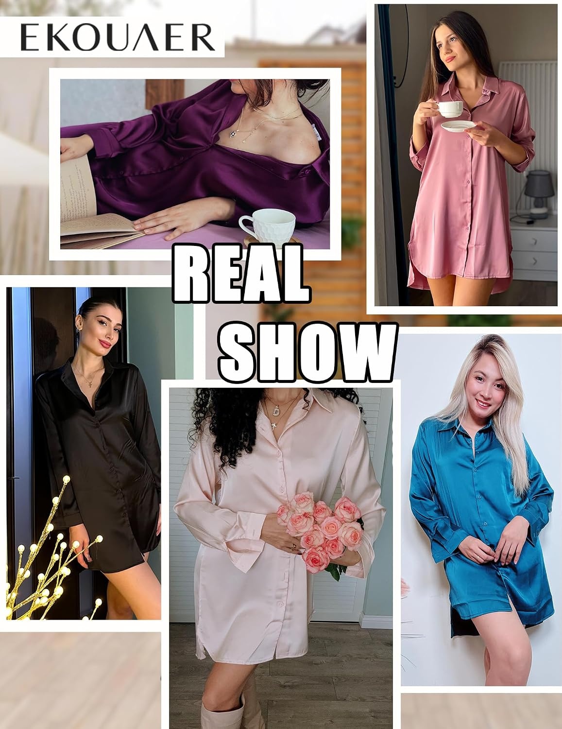 image:imageEkouaer Satin Nightgown for Women Button Down Silk Sleepshirts Sexy V Neck Night Gown Long Sleeve Night Shirts S3XLBeige