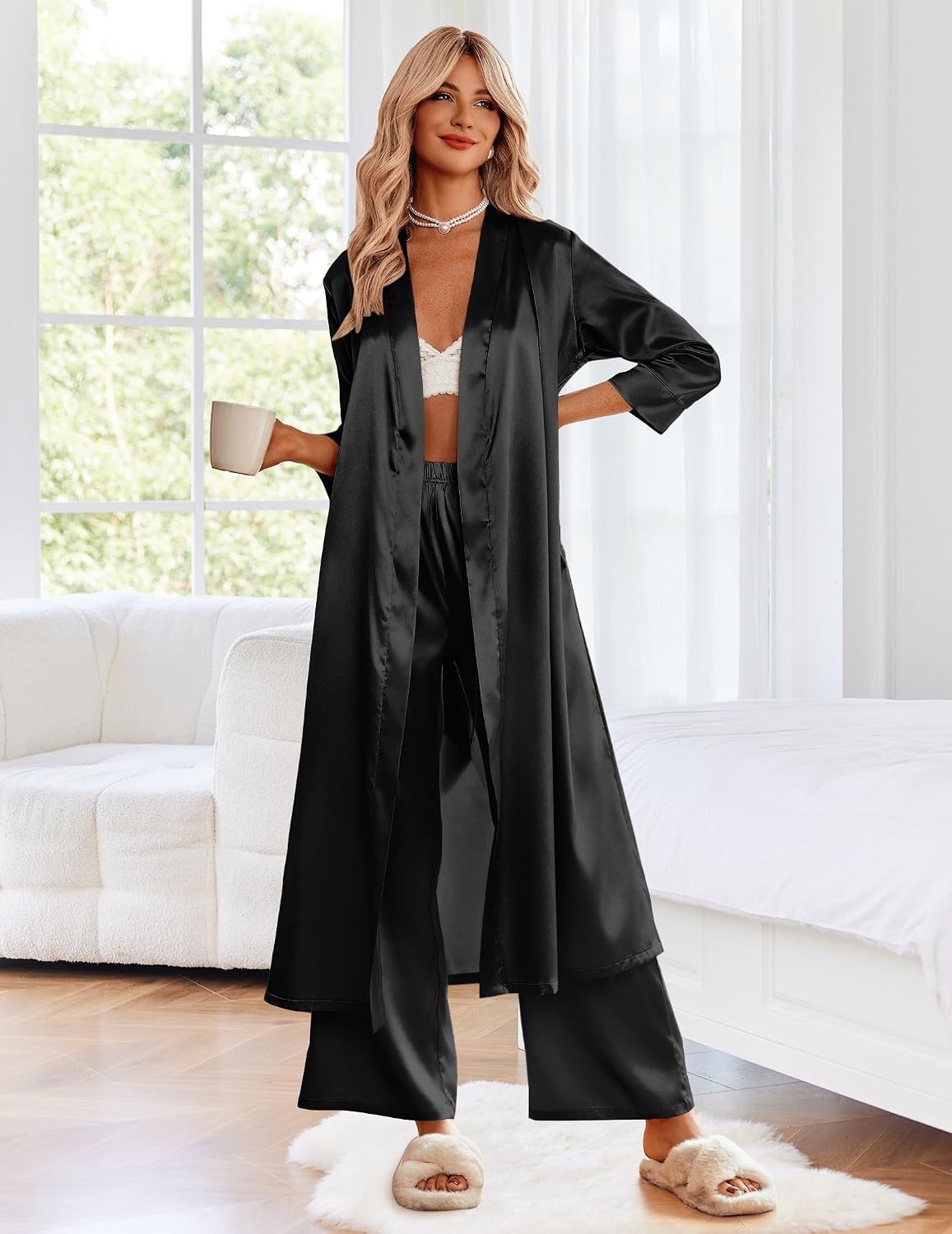 image:imageEkouaer Silk Robes for Women Long Satin Bride Bridesmaid Robe with PocketsBlack
