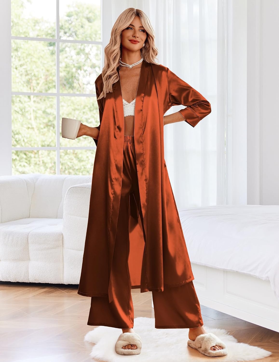 image:imageEkouaer Silk Robes for Women Long Satin Bride Bridesmaid Robe with PocketsBurnt Orange
