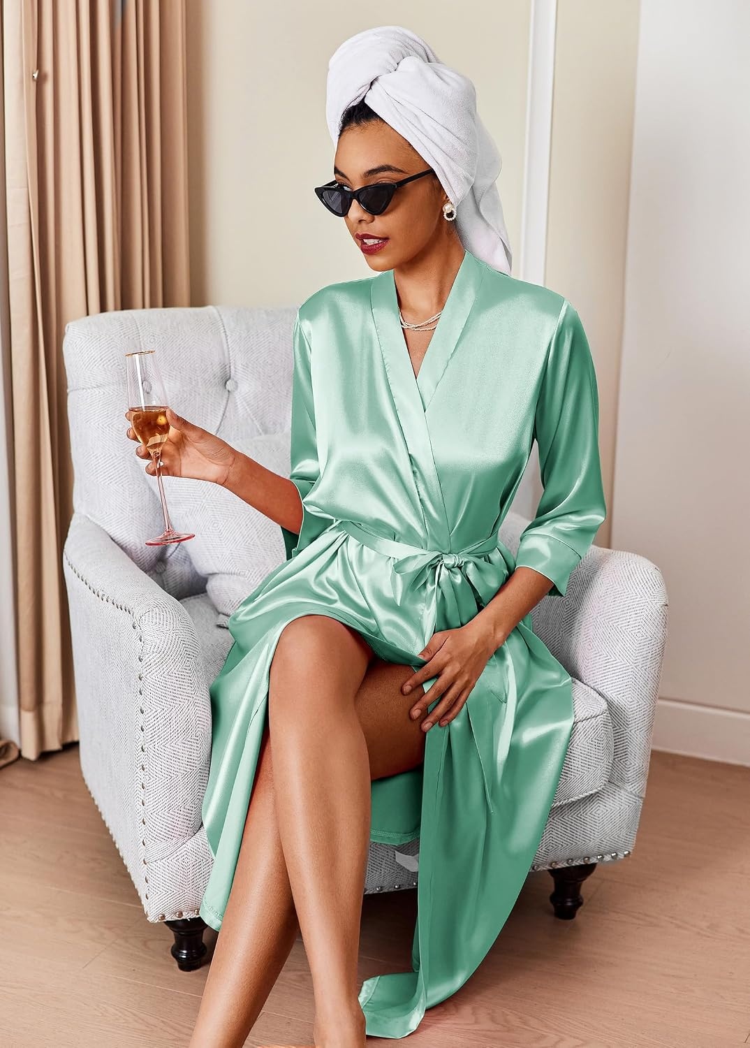 image:imageEkouaer Silk Robes for Women Long Satin Bride Bridesmaid Robe with PocketsGray Green