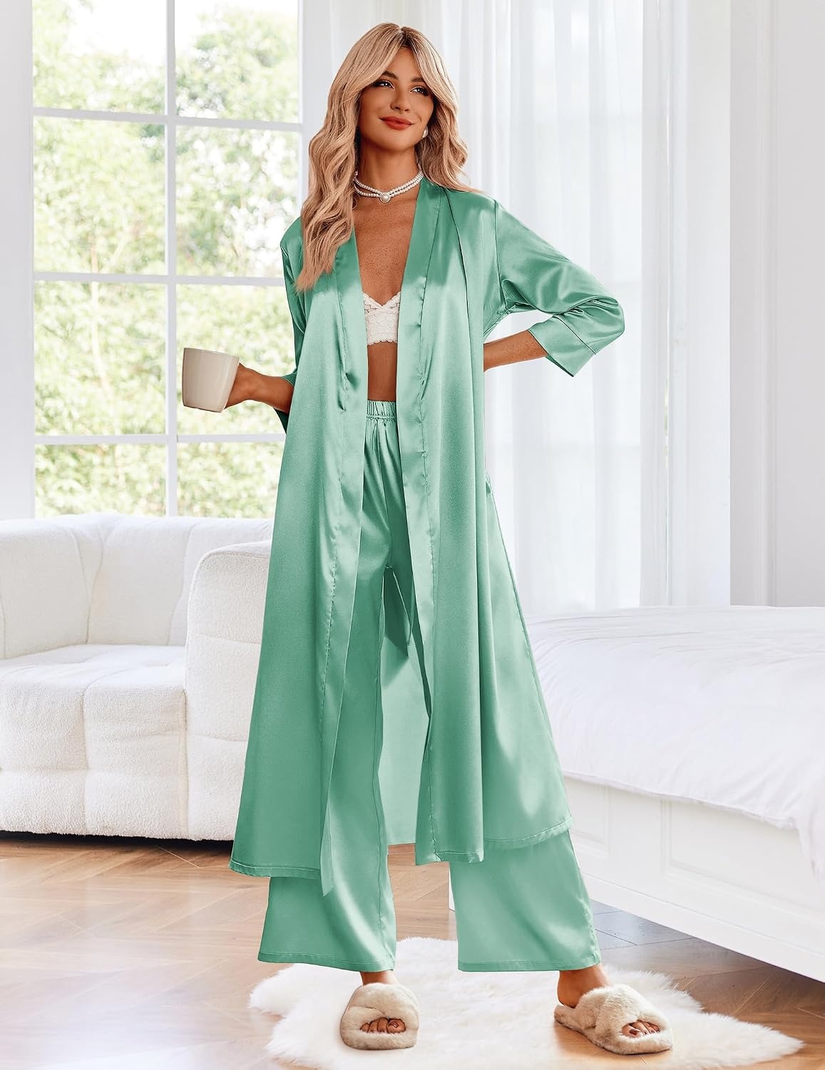 image:imageEkouaer Silk Robes for Women Long Satin Bride Bridesmaid Robe with PocketsGray Green