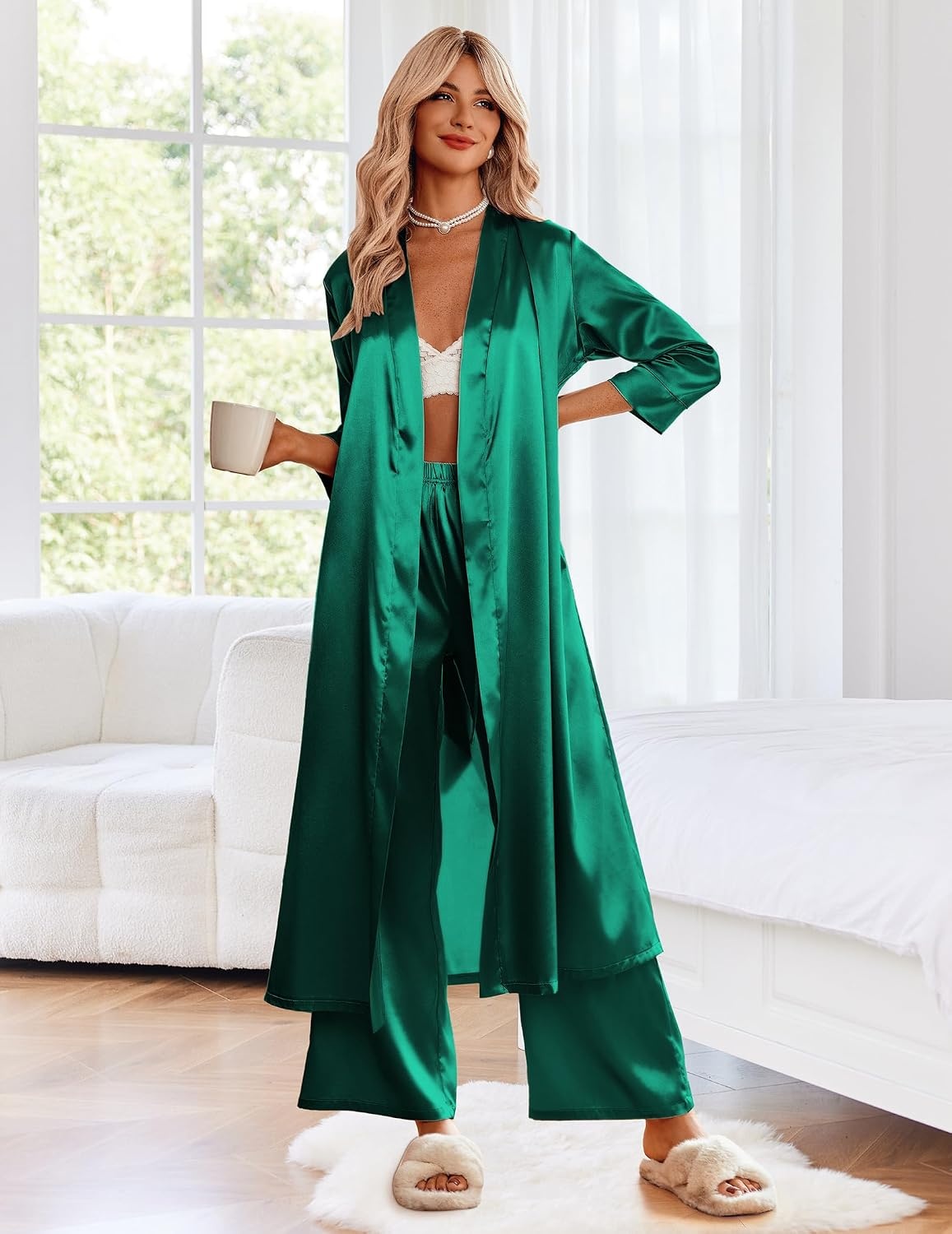image:imageEkouaer Silk Robes for Women Long Satin Bride Bridesmaid Robe with PocketsGreen