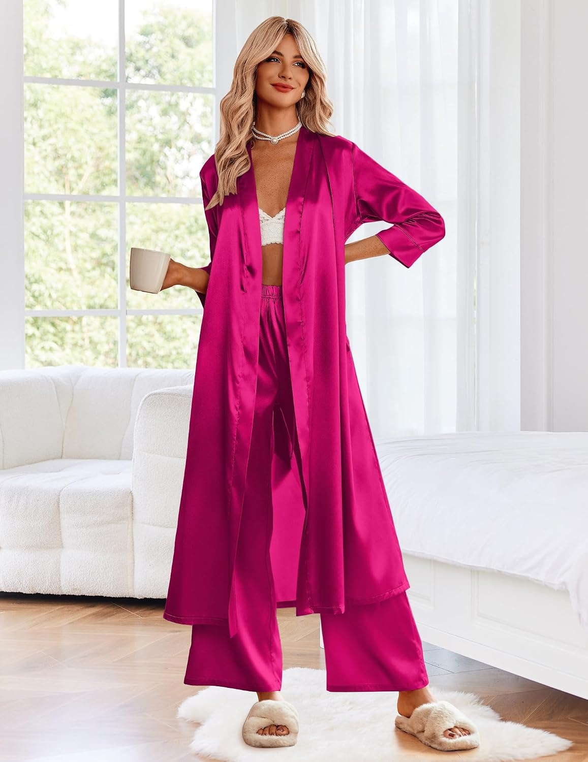 image:imageEkouaer Silk Robes for Women Long Satin Bride Bridesmaid Robe with PocketsHot Pink