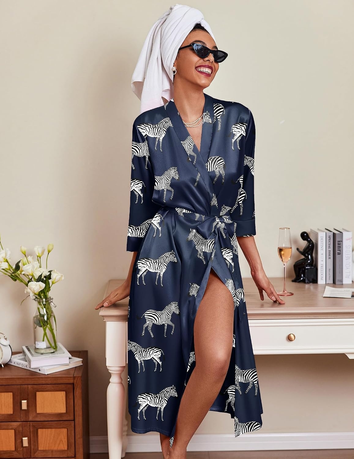 image:imageEkouaer Silk Robes for Women Long Satin Bride Bridesmaid Robe with PocketsNavy Zebra