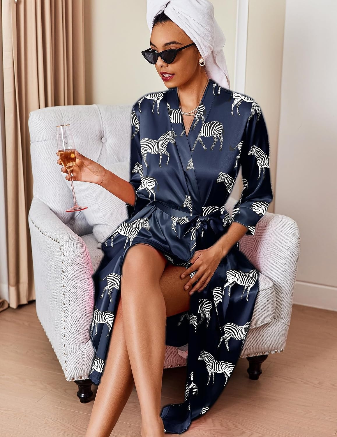 image:imageEkouaer Silk Robes for Women Long Satin Bride Bridesmaid Robe with PocketsNavy Zebra