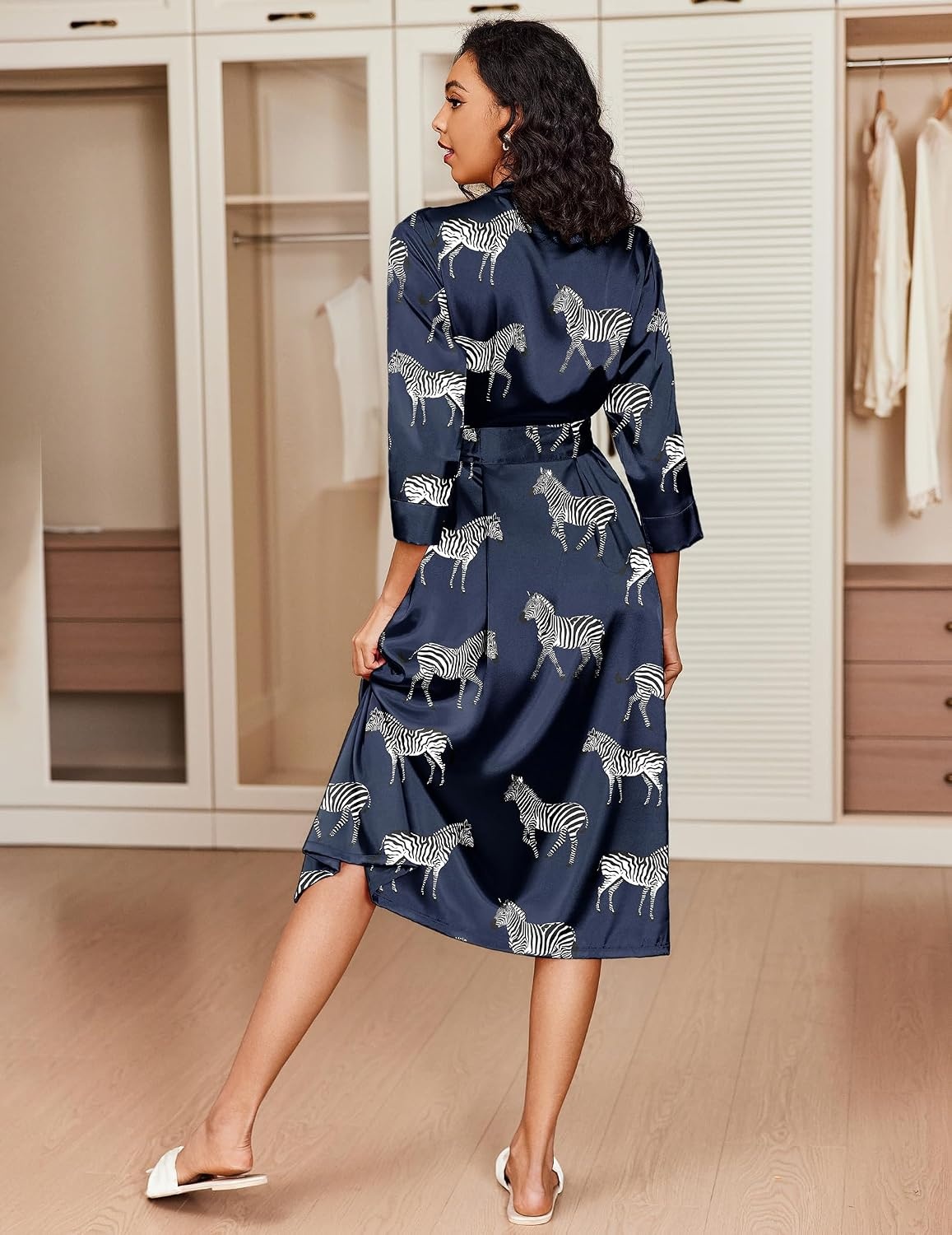 image:imageEkouaer Silk Robes for Women Long Satin Bride Bridesmaid Robe with PocketsNavy Zebra