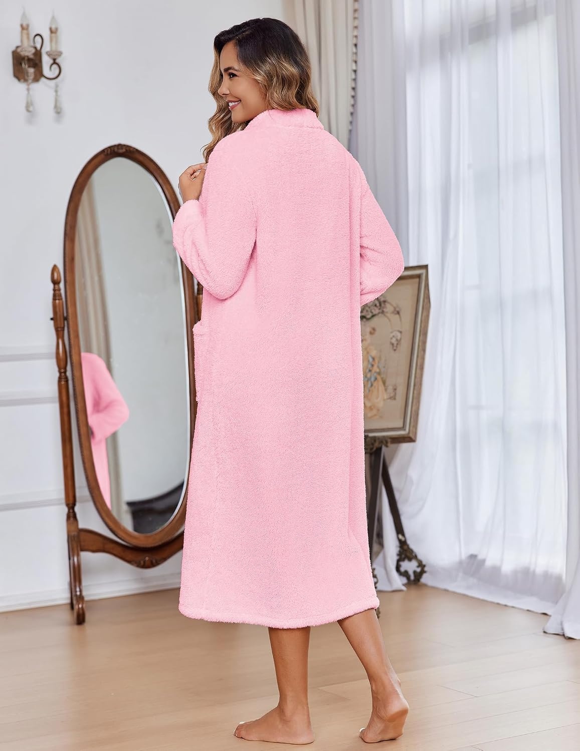 image:imageEkouaer Women Zip Up Robe Fleece Long Sleeves Soft Housecoat with PocketsLight Pink