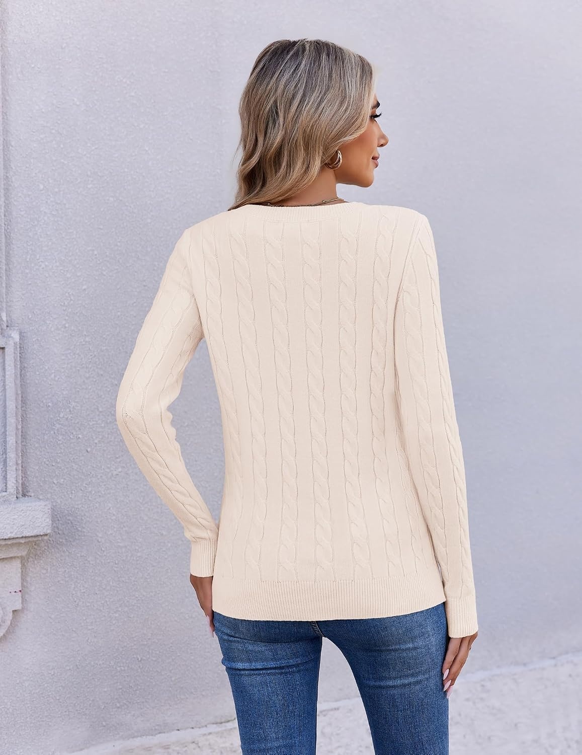 image:imageEkouaer Womens Cable Knit V Neck Sweater Long Sleeve Fall Tops Clothes 2026Apricot
