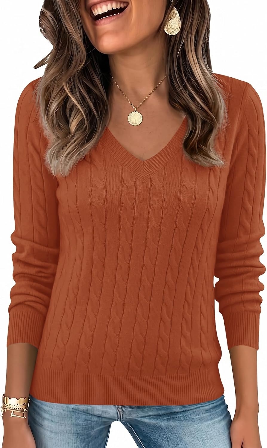 image:imageEkouaer Womens Cable Knit V Neck Sweater Long Sleeve Fall Tops Clothes 2026Caramel Color