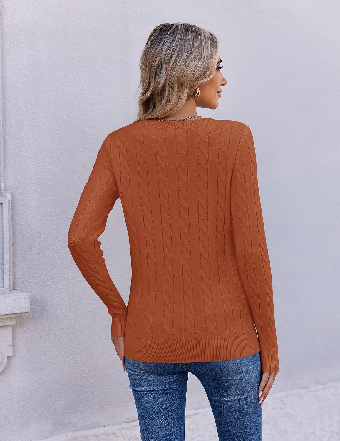 image:imageEkouaer Womens Cable Knit V Neck Sweater Long Sleeve Fall Tops Clothes 2026Caramel Color