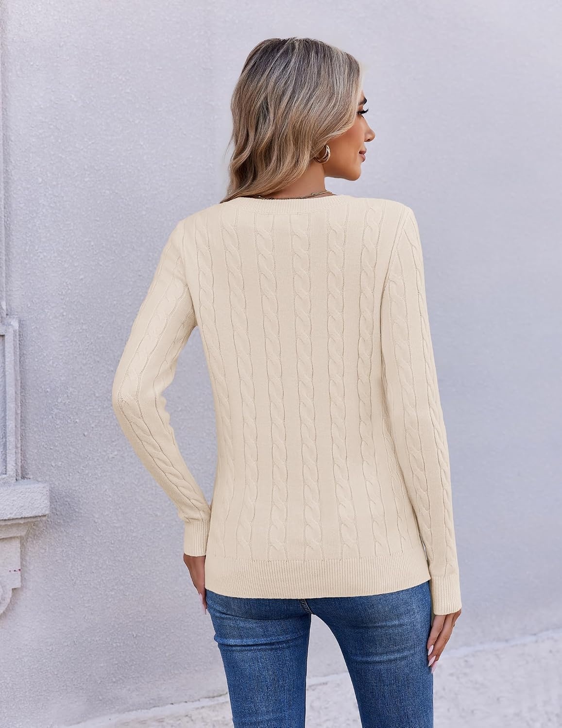 image:imageEkouaer Womens Cable Knit V Neck Sweater Long Sleeve Fall Tops Clothes 2026Light Brown