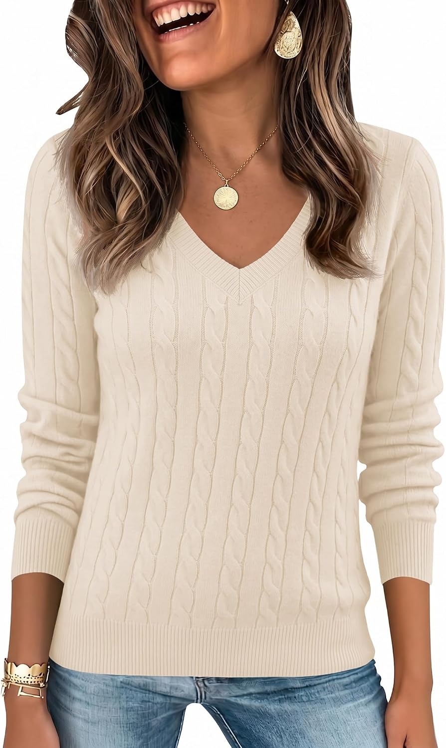 image:imageEkouaer Womens Cable Knit V Neck Sweater Long Sleeve Fall Tops Clothes 2026Light Brown