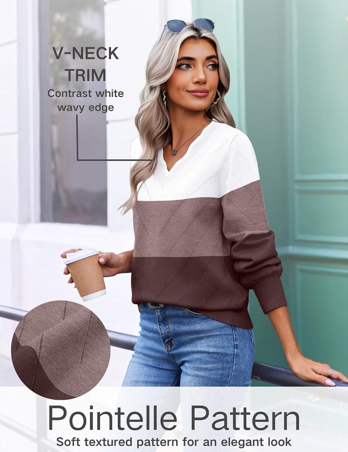 image:imageEkouaer Womens Fall V Neck Sweaters Knit Lightweight Long Sleeve Tops 20261dusty Mauve Purple White
