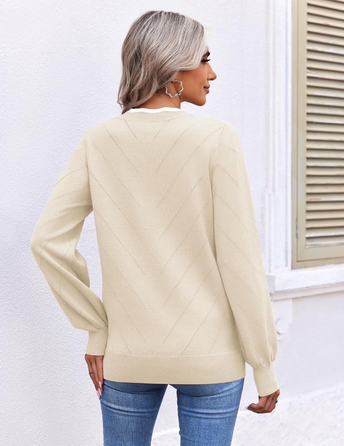 image:imageEkouaer Womens Fall V Neck Sweaters Knit Lightweight Long Sleeve Tops 2026Apricot