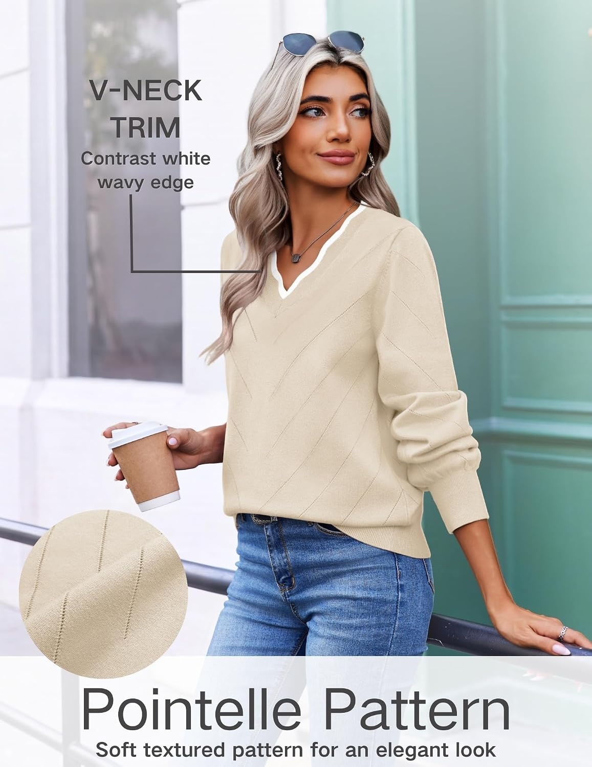 image:imageEkouaer Womens Fall V Neck Sweaters Knit Lightweight Long Sleeve Tops 2026Apricot