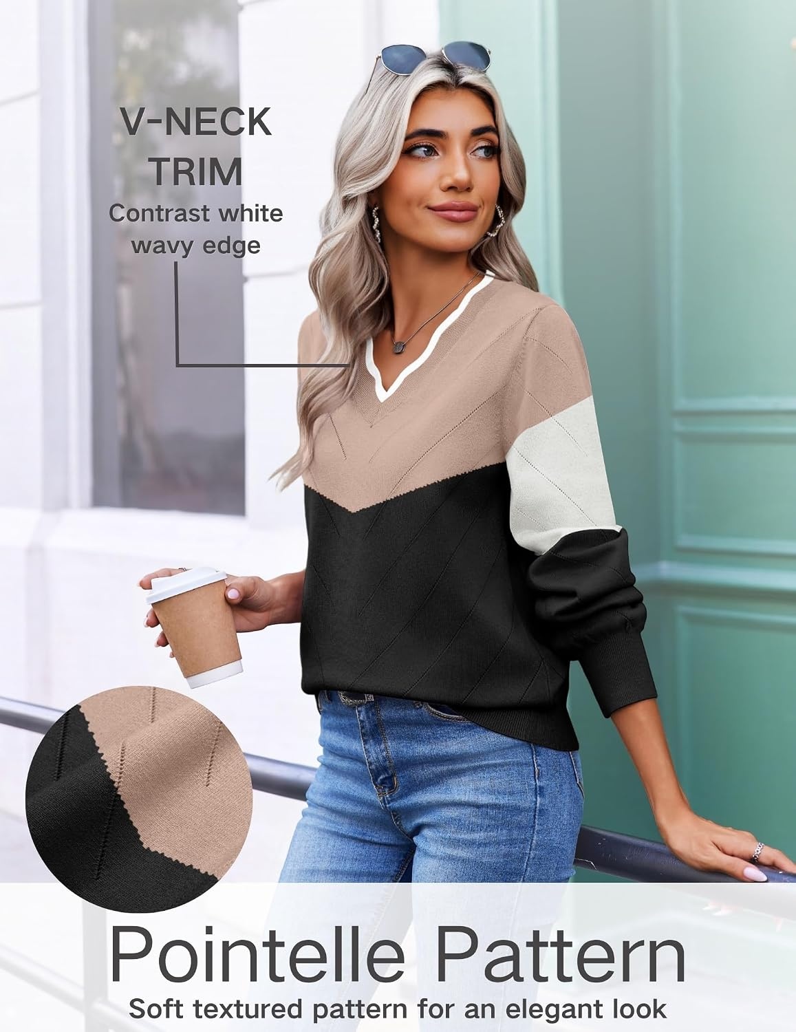 image:imageEkouaer Womens Fall V Neck Sweaters Knit Lightweight Long Sleeve Tops 2026Black Khaki
